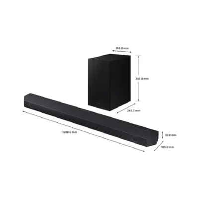 Samsung Q Series 3.1.2 ch Home Theatre soundbar and subwoofer with Dolby Atmos, showing dimensions in millimeters.